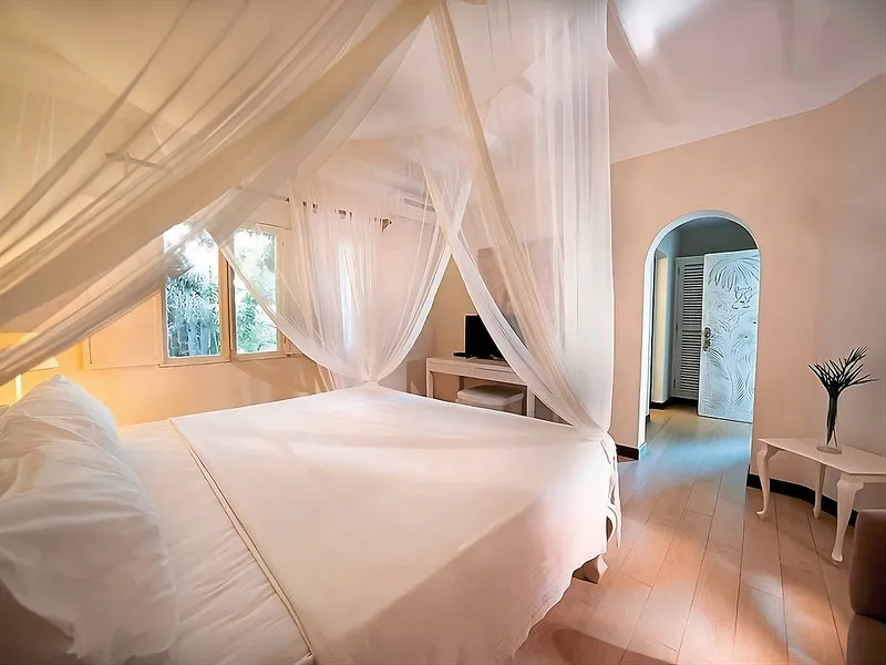 Elegantna spalnica z baldahinom in mrežo proti komarjem