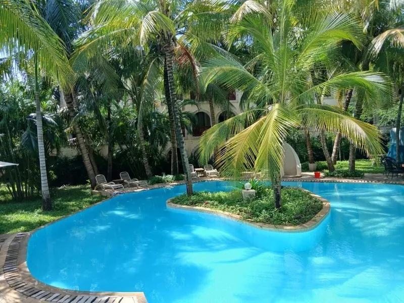 Čudovit zunanji bazen obdan s palmami v Lotfa Resort Diani